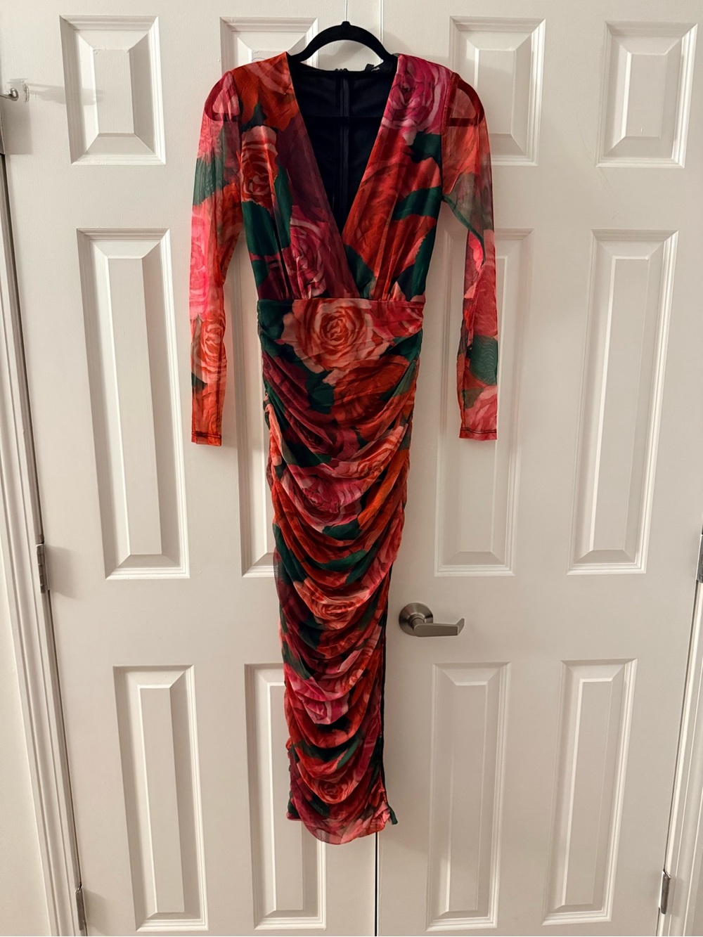 Red Floral Ruched V-Neck Long Sleeve Dress